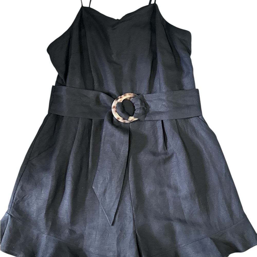 LOFT Black Linen Blend Belted Romper